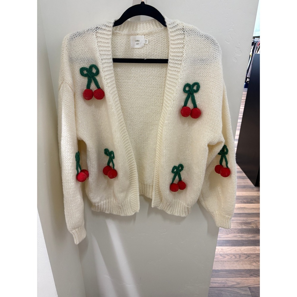 Luna Ivy Cream Cherry Pom Pom Open Front Chunky Knit Cardigan Sweater Womens M